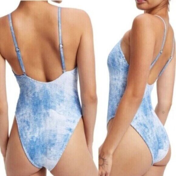 NWT Good American Always Fits One Piece Swimsuit 3/4 Indigo Tie Dye L/XL Stretch - Picture 2 of 9